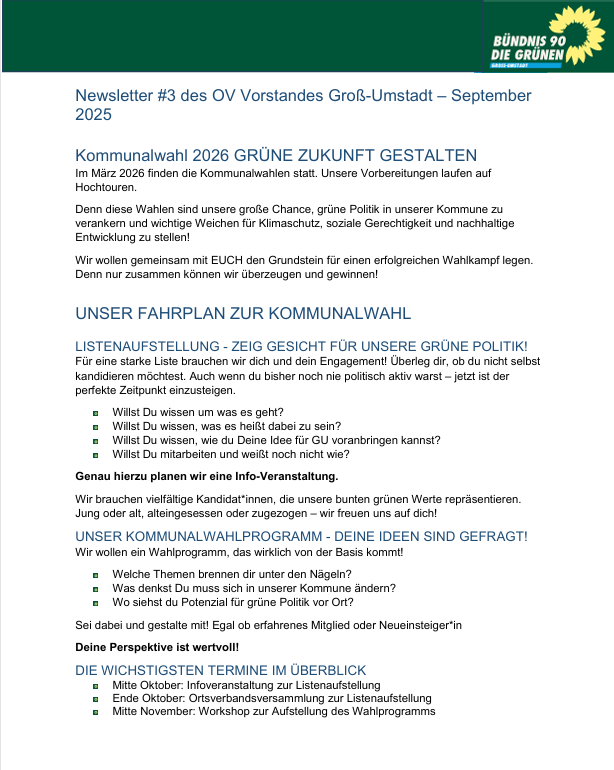 BÜNDNIS 90/DIE GRÜNEN Newsletter #3 – September 2025